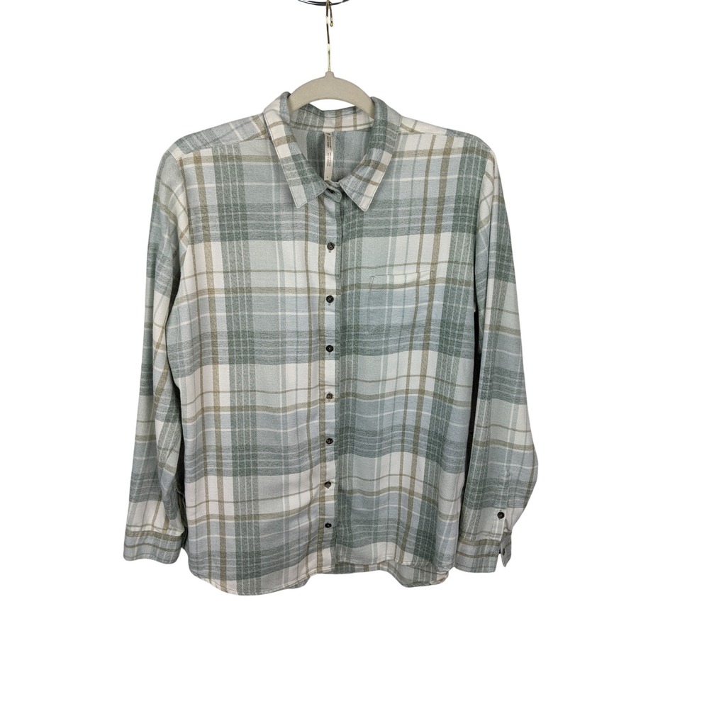 Kuhl Womens Sage Green Plaid Flannel Button Down Shirt Size L Long Sleeve